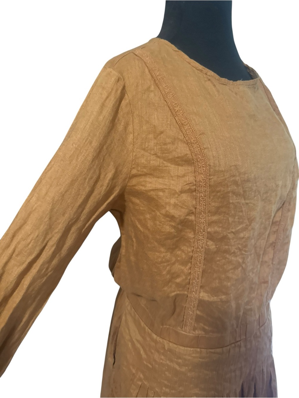 Frieeah Camel Linen Blend Long Sleeve Drop Waist Mini Dress Cottagecore Boho L - Picture 7 of 10